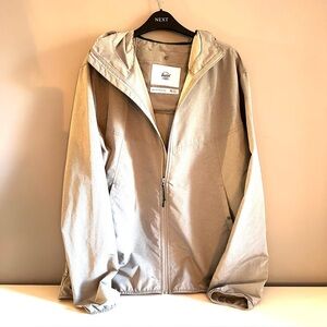 HERSCHEL light grey packable windbreaker jacket, zip, pockets, hood - sz XL EUC